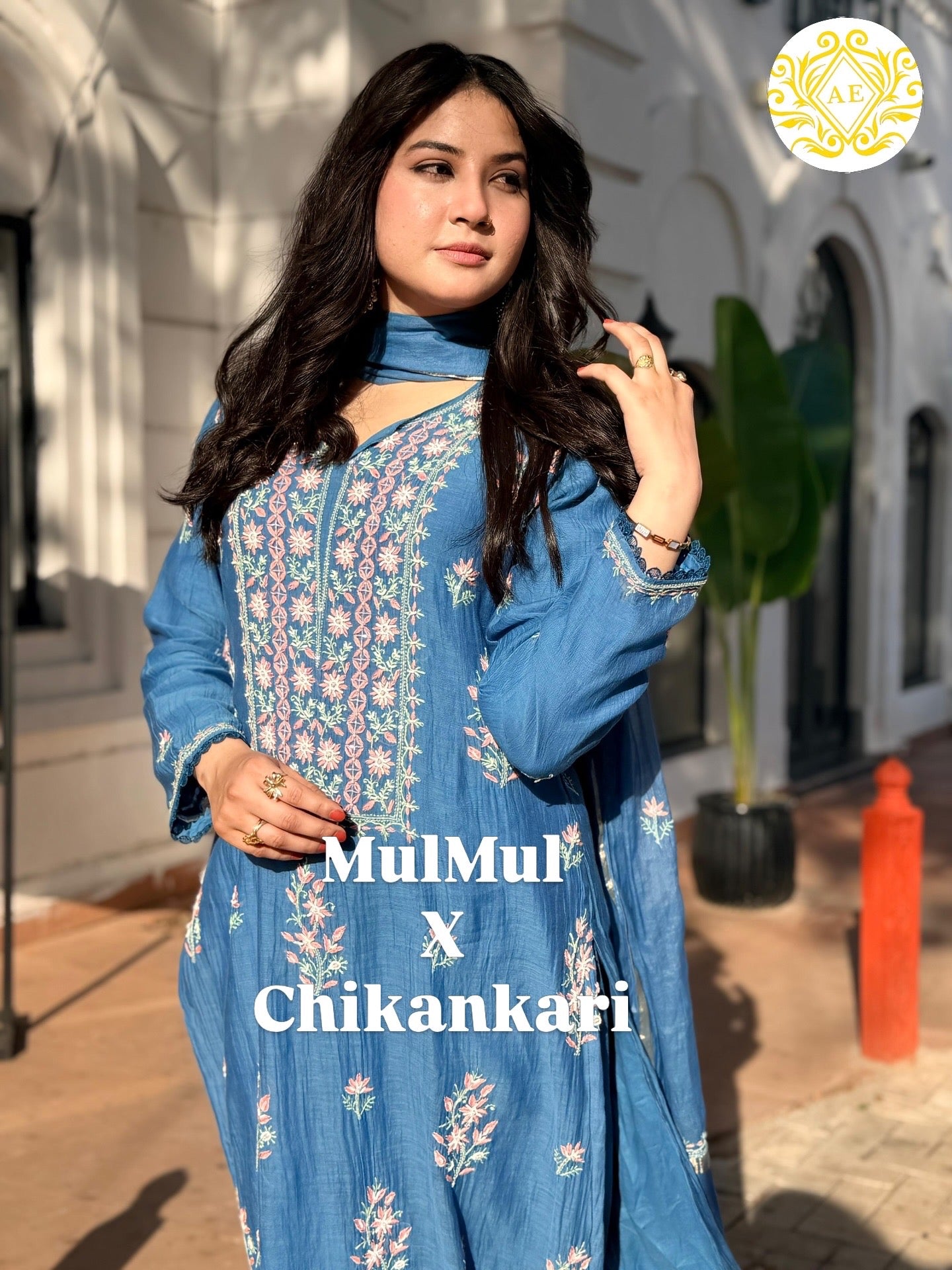 Mul Chanderi ready to wear suit sei- Cobalt blue/Pink/Brown