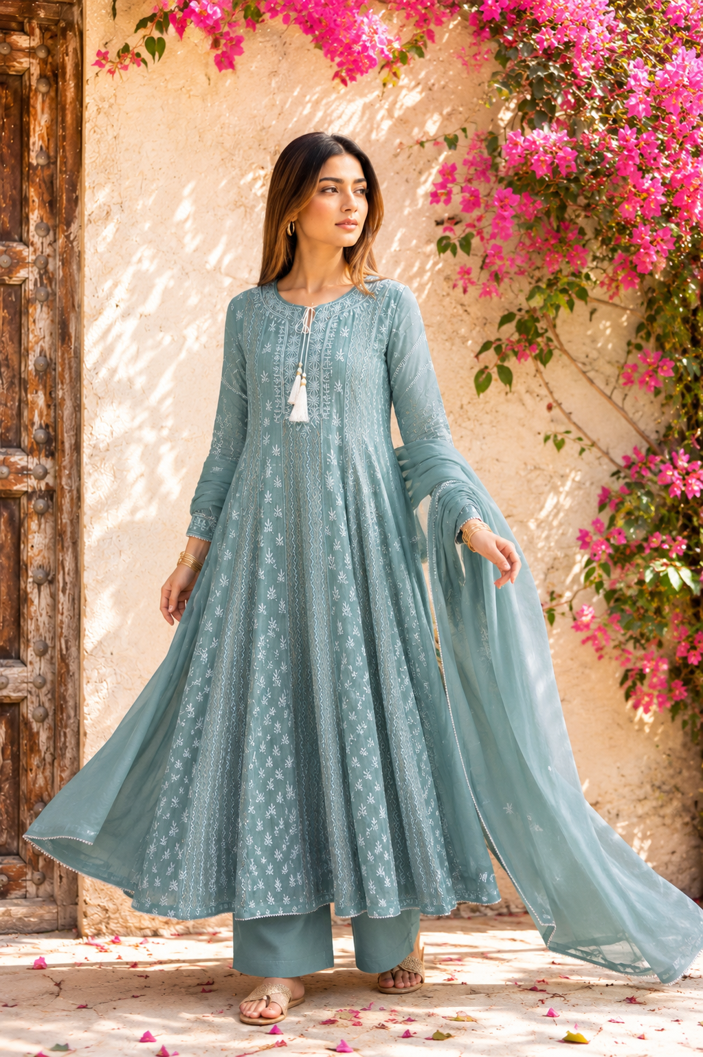 Teal Heavy Mulmul Anarkali Suit Set with Kasab & Chikankari Embroidery