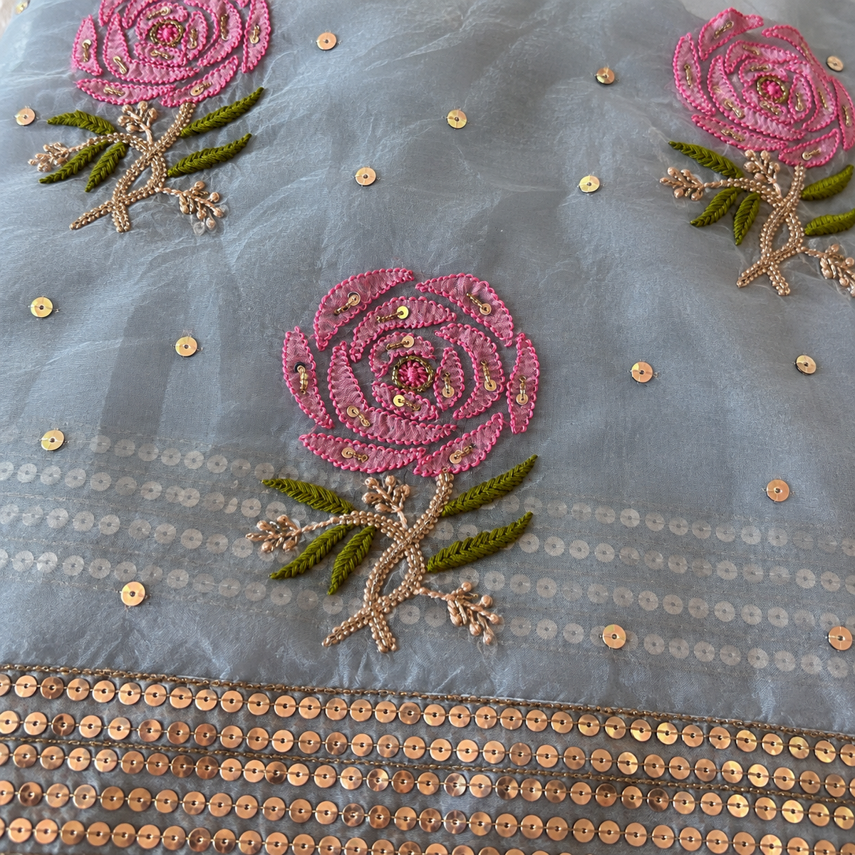 Pure Organza Chikankari Saree in a Bluish Grey