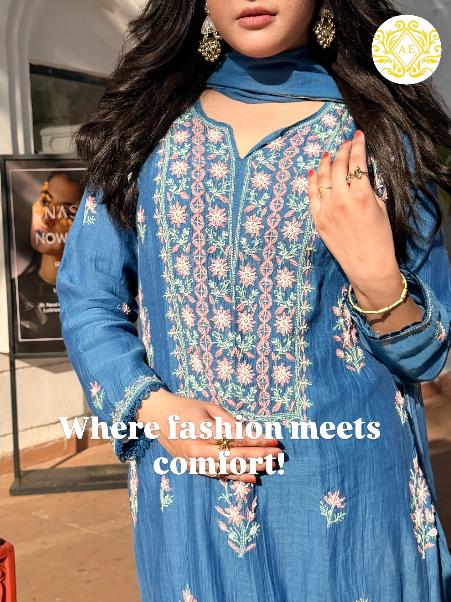 Mul Chanderi ready to wear suit sei- Cobalt blue/Pink/Brown