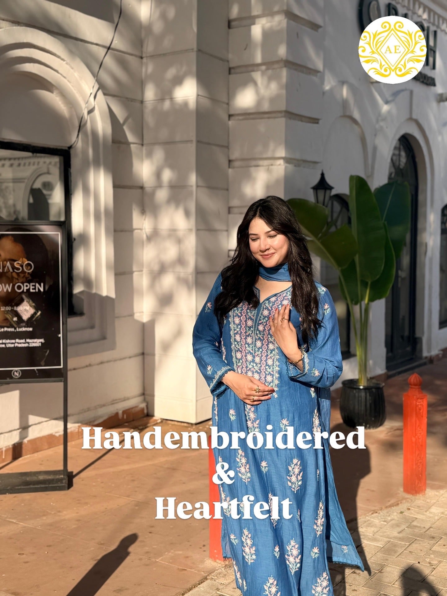Mul Chanderi ready to wear suit sei- Cobalt blue/Pink/Brown