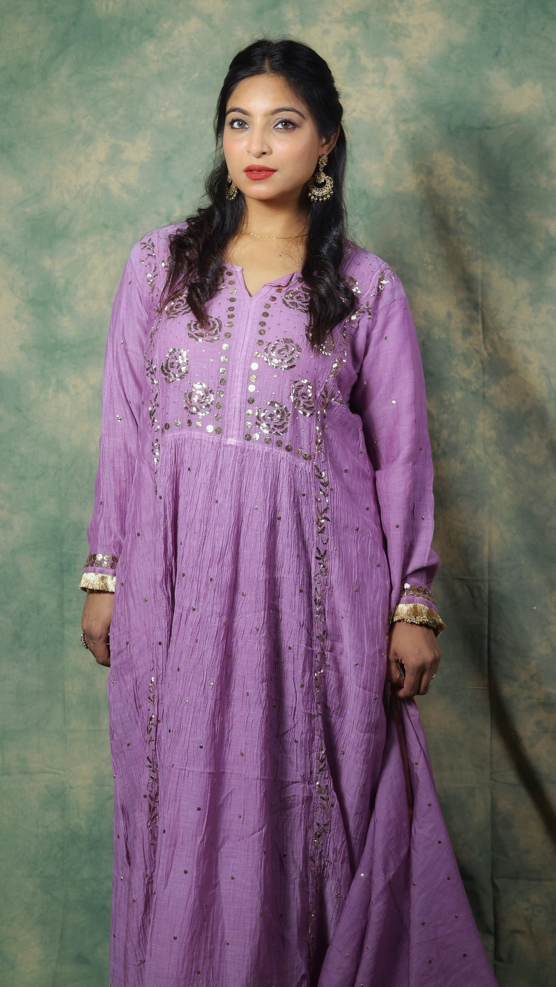Mul Chanderi Kurta Set with Pitta Work: Lavender Mauve