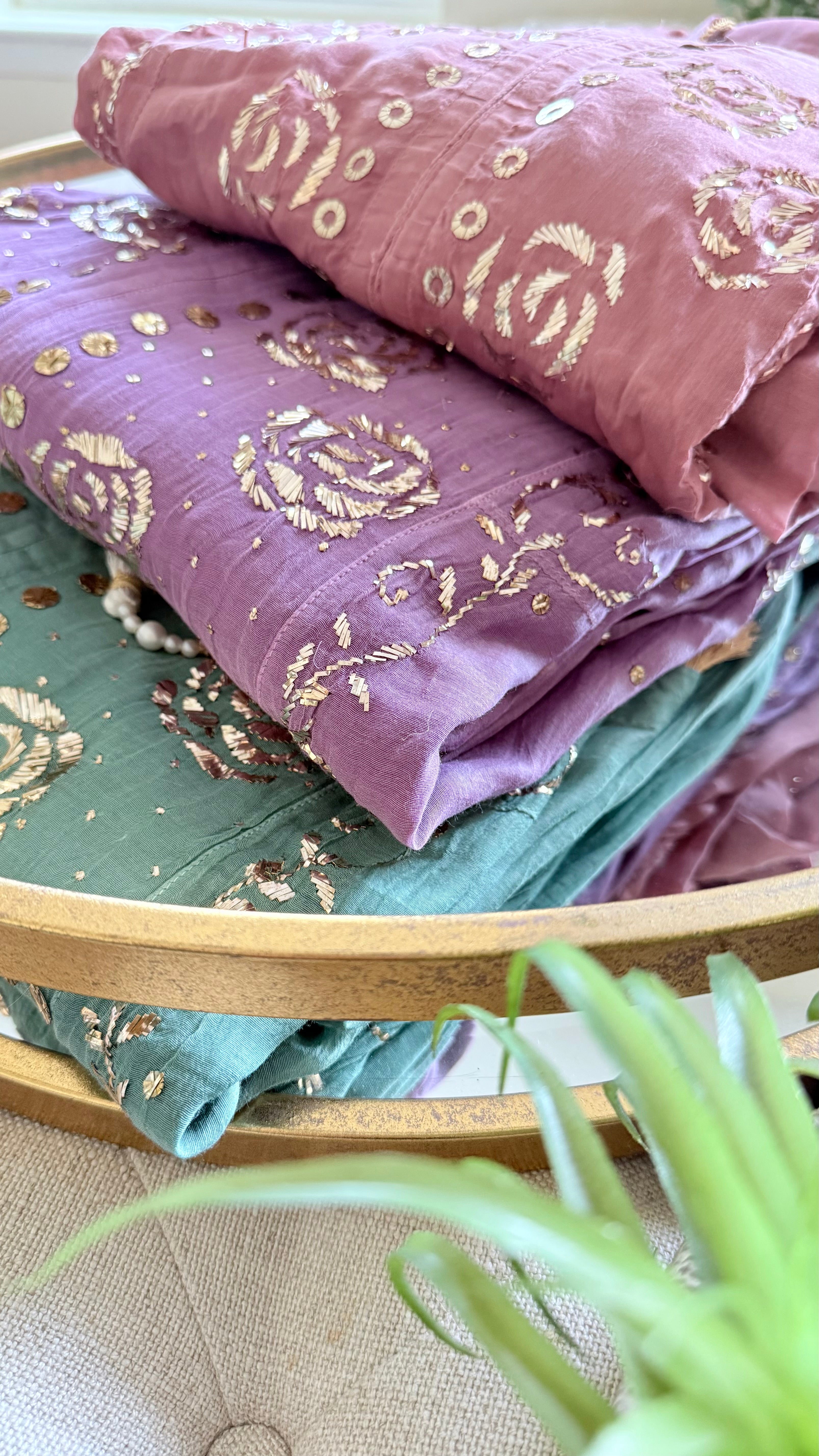 Mul Chanderi Kurta Set with Pitta Work: Lavender Mauve