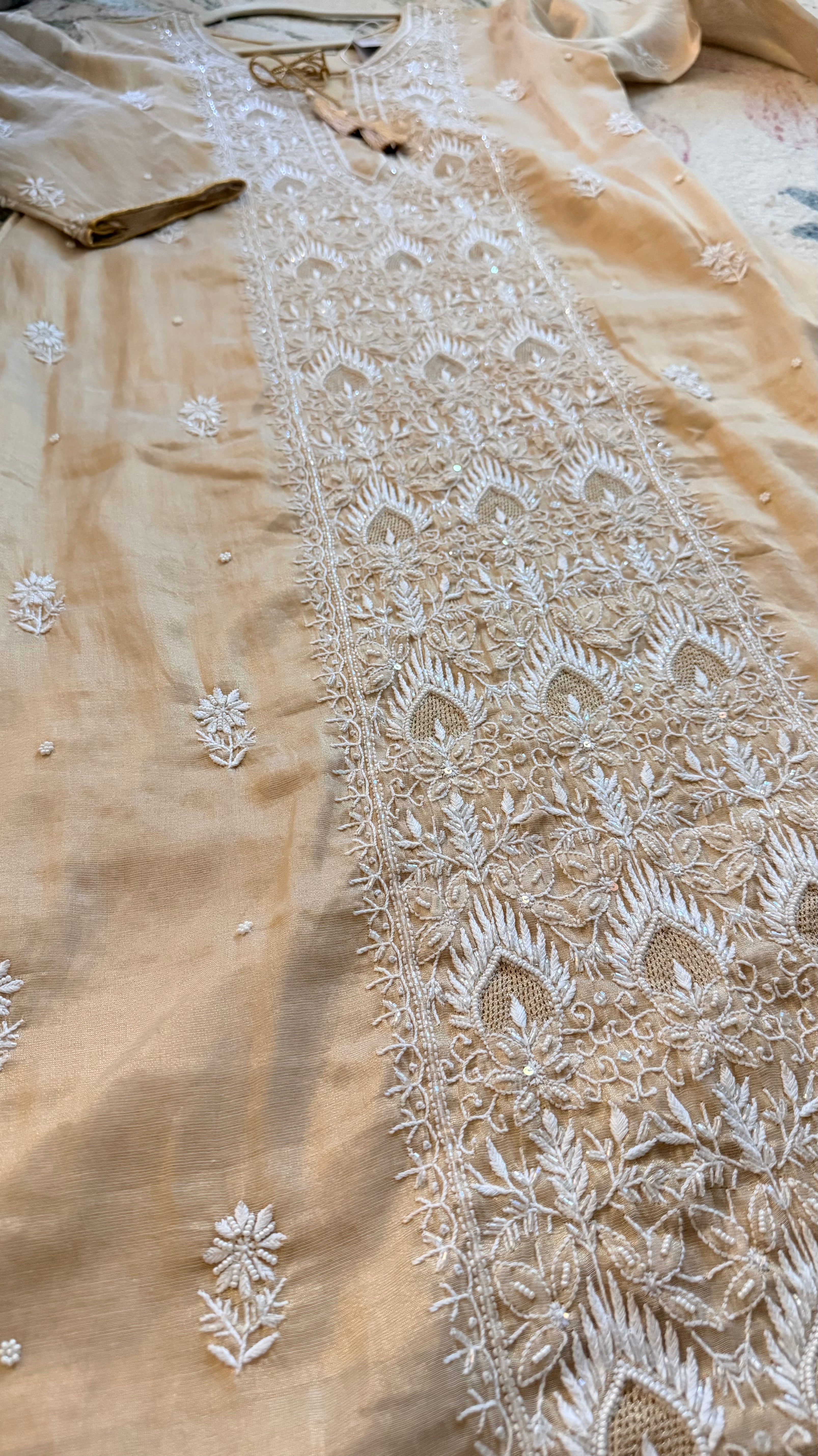 SAHAR: Tissue Silk Chikankari suit set