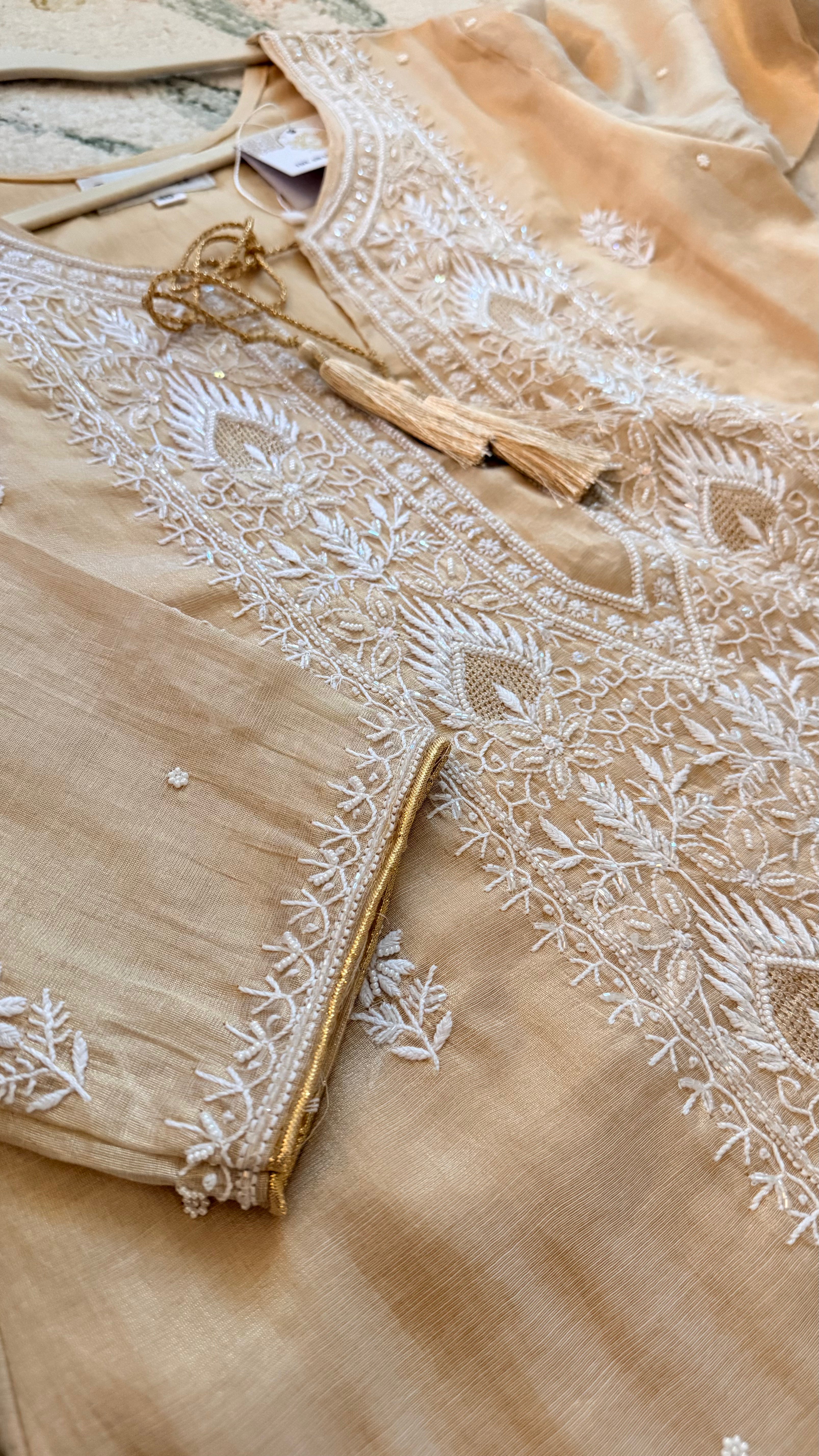 SAHAR: Tissue Silk Chikankari suit set