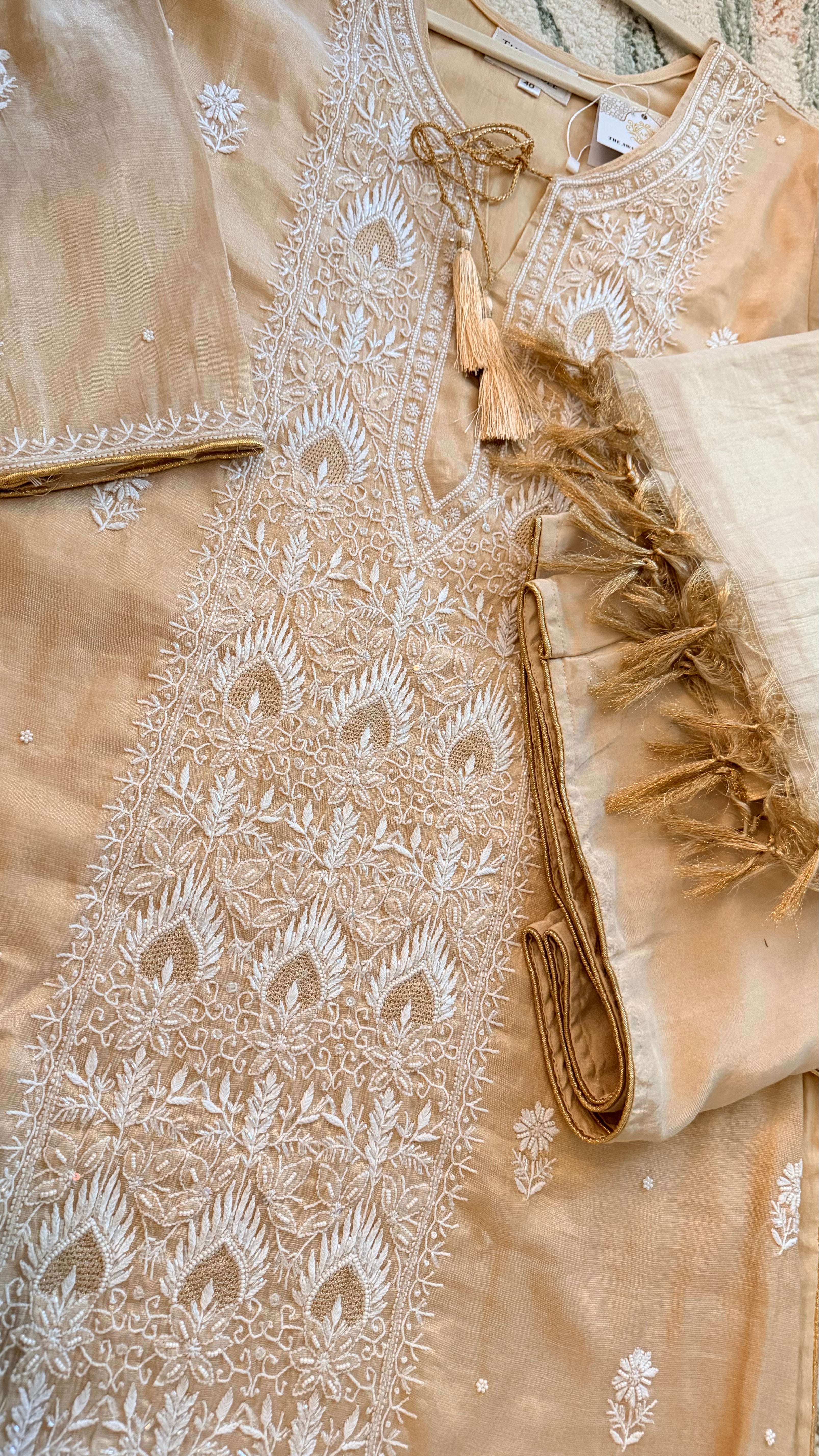 SAHAR: Tissue Silk Chikankari suit set
