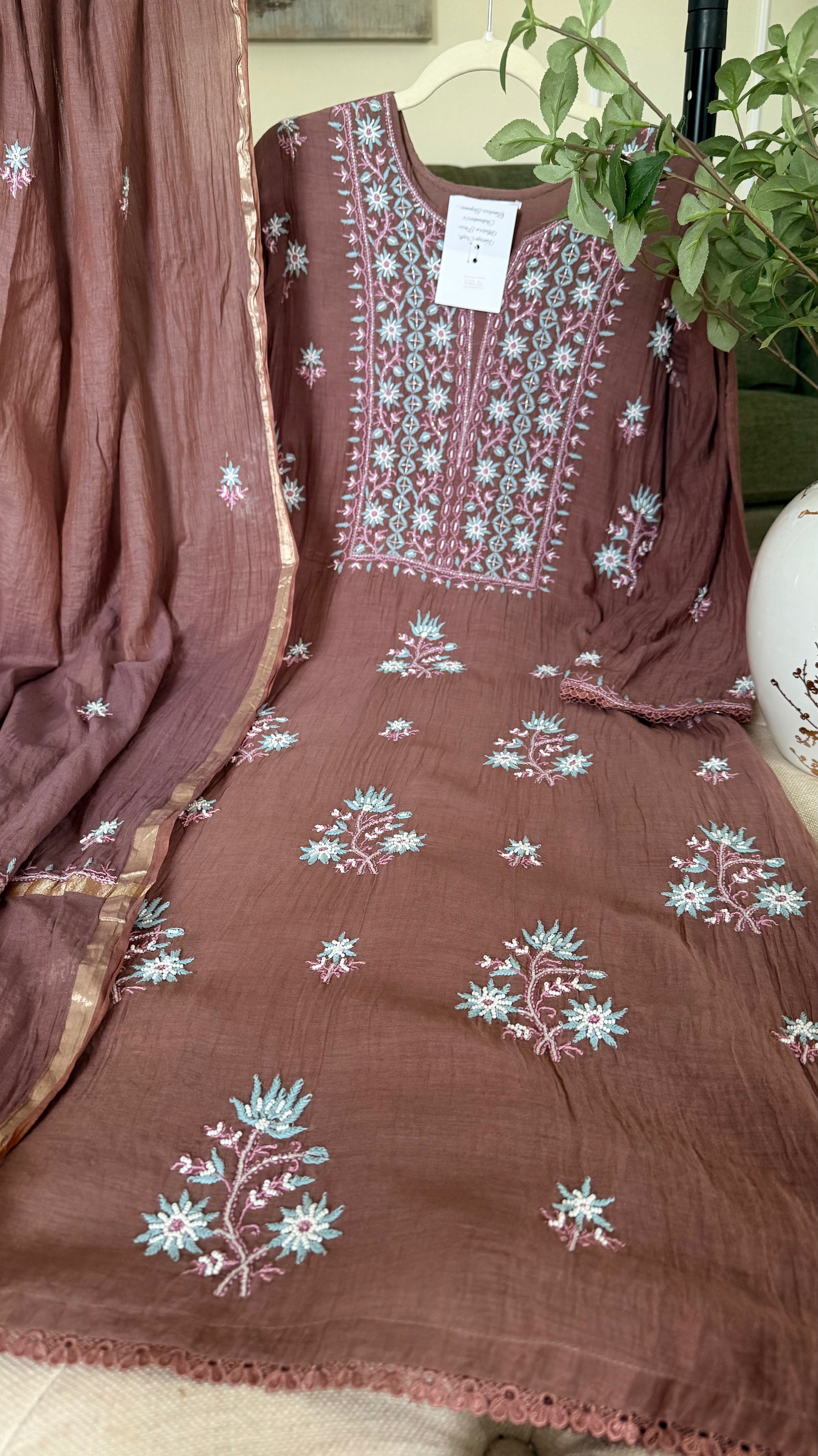Mul Chanderi ready to wear suit sei- Cobalt blue/Pink/Brown