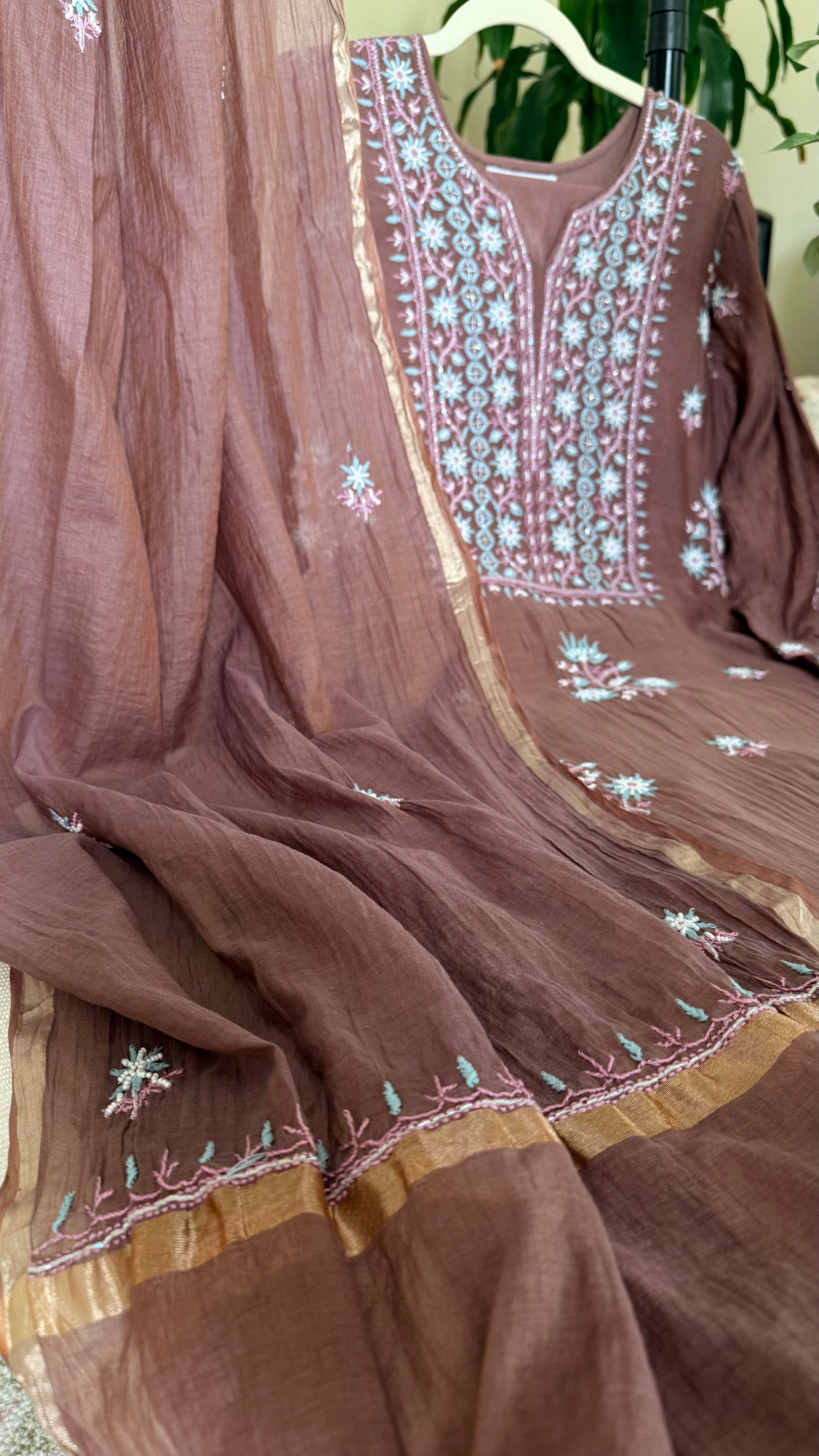 Mul Chanderi ready to wear suit sei- Cobalt blue/Pink/Brown