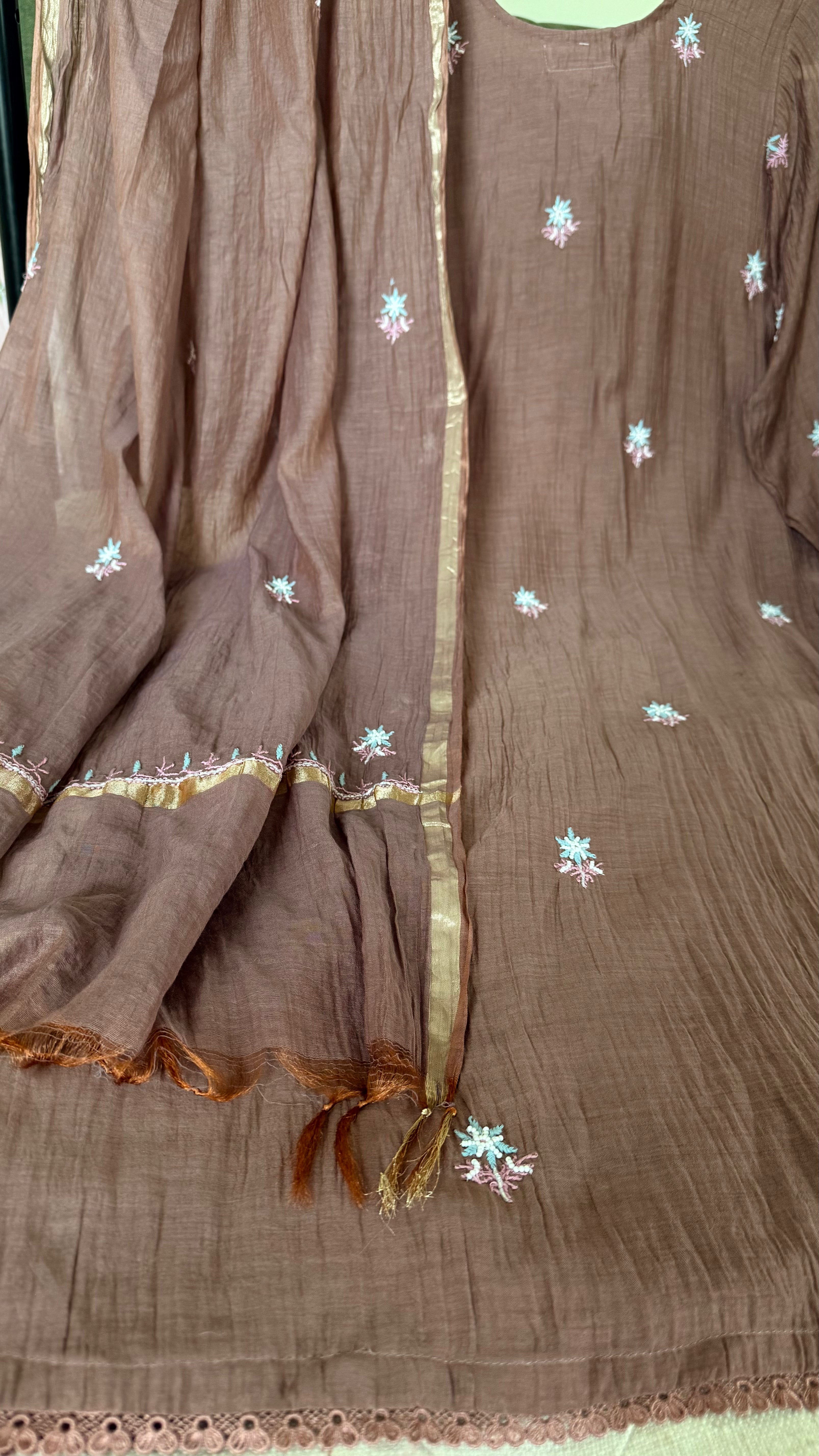 Mul Chanderi ready to wear suit sei- Cobalt blue/Pink/Brown