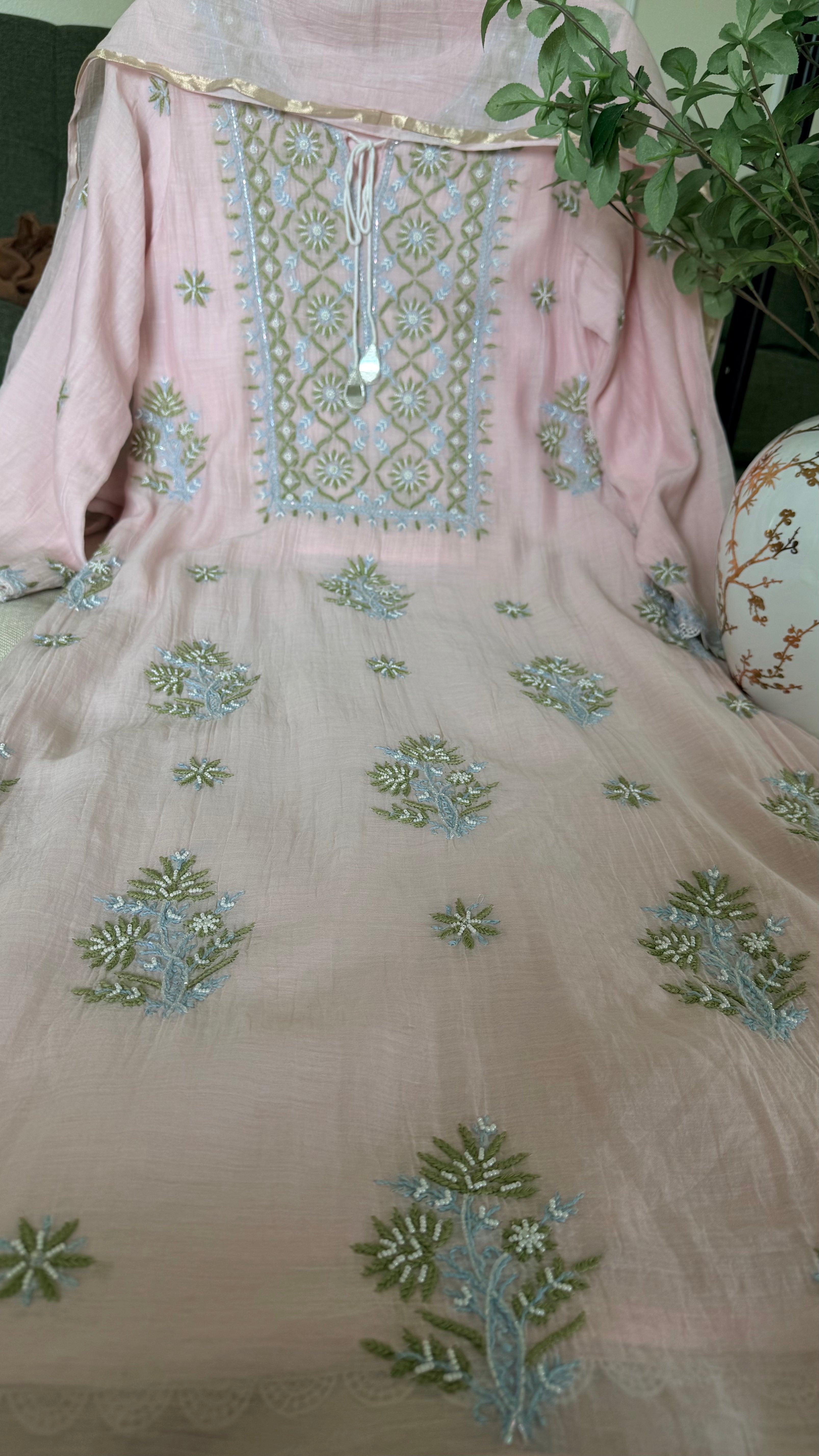 Mul Chanderi ready to wear suit sei- Cobalt blue/Pink/Brown