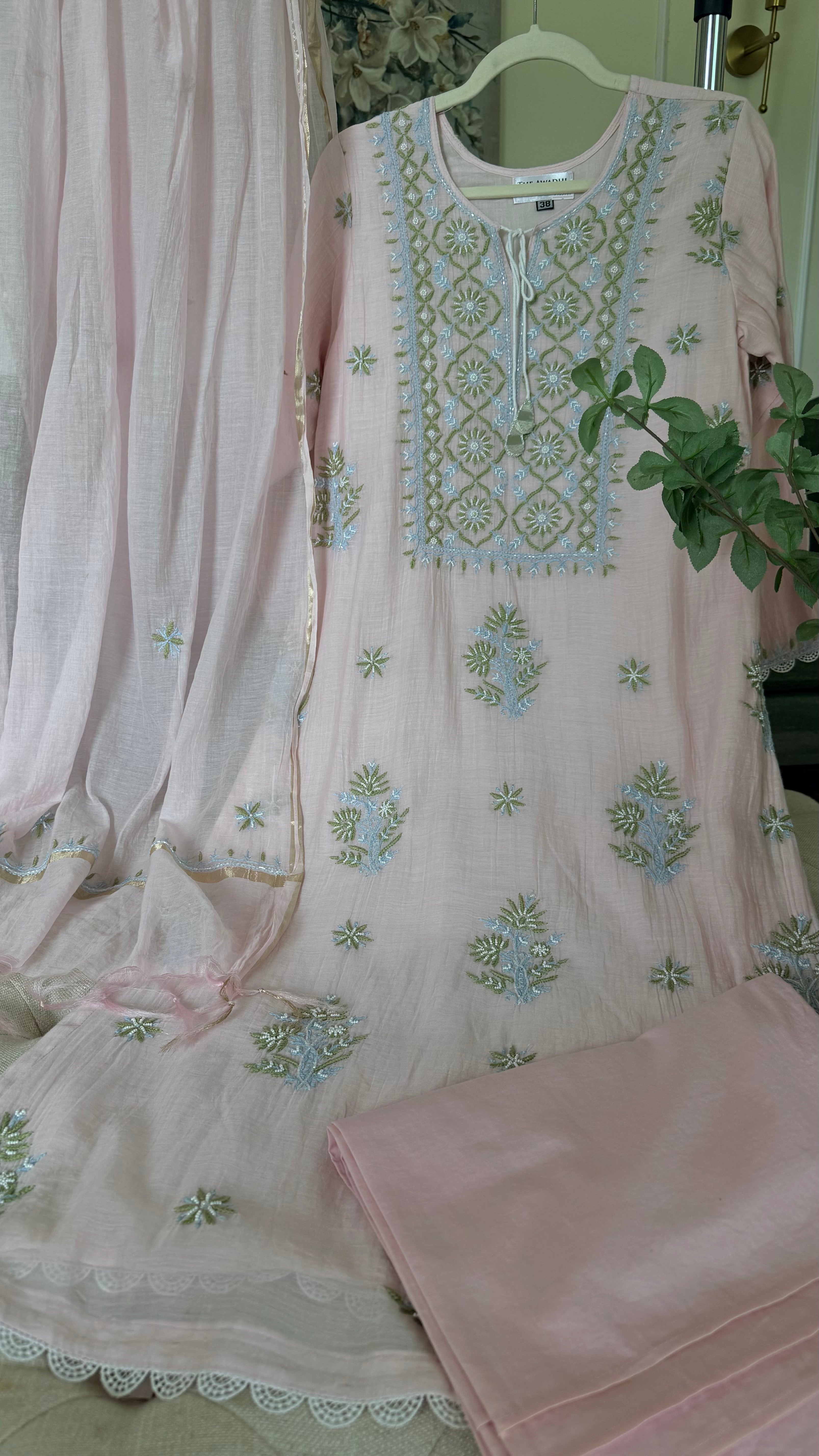 Mul Chanderi ready to wear suit sei- Cobalt blue/Pink/Brown