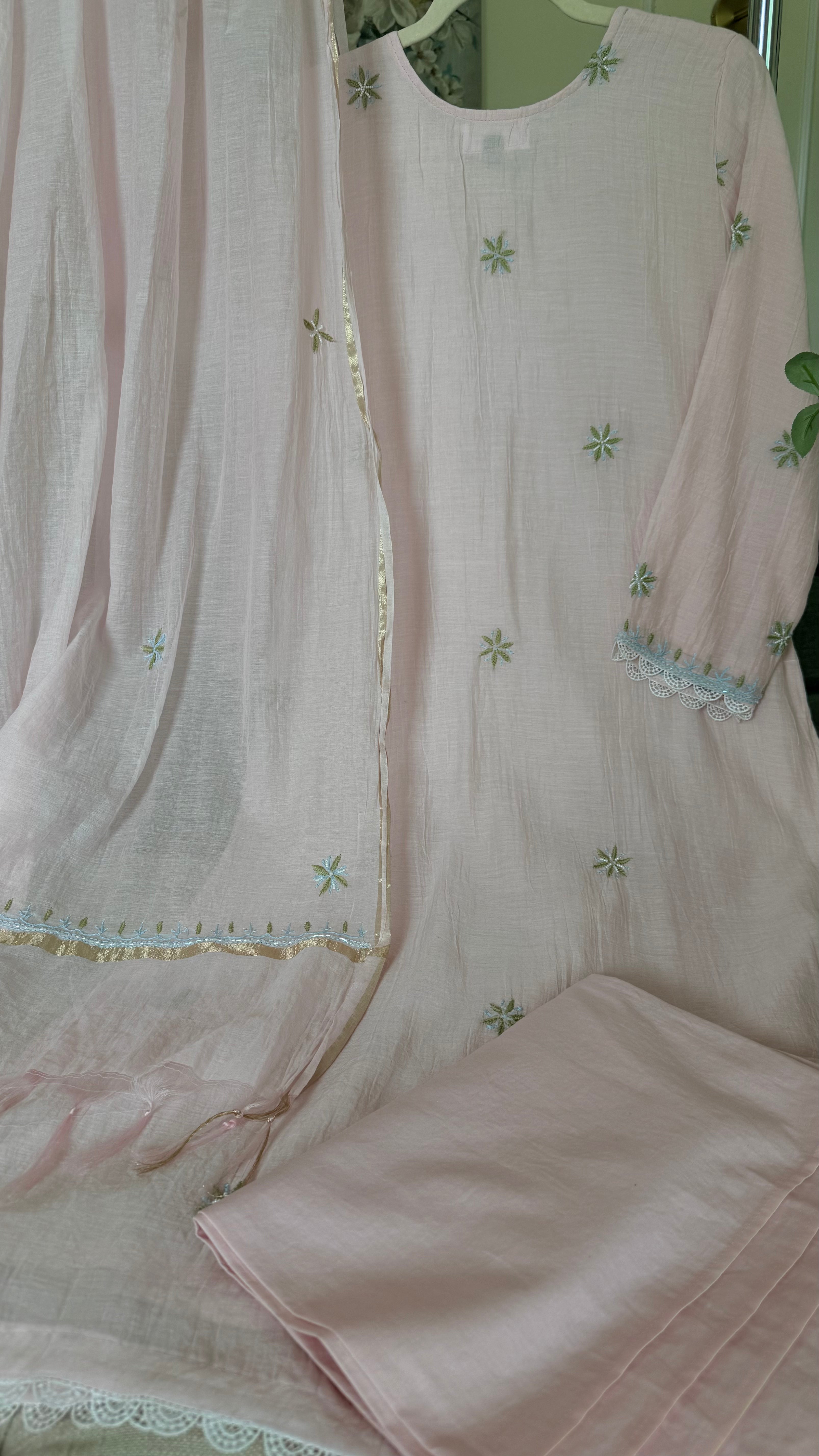 Mul Chanderi ready to wear suit sei- Cobalt blue/Pink/Brown