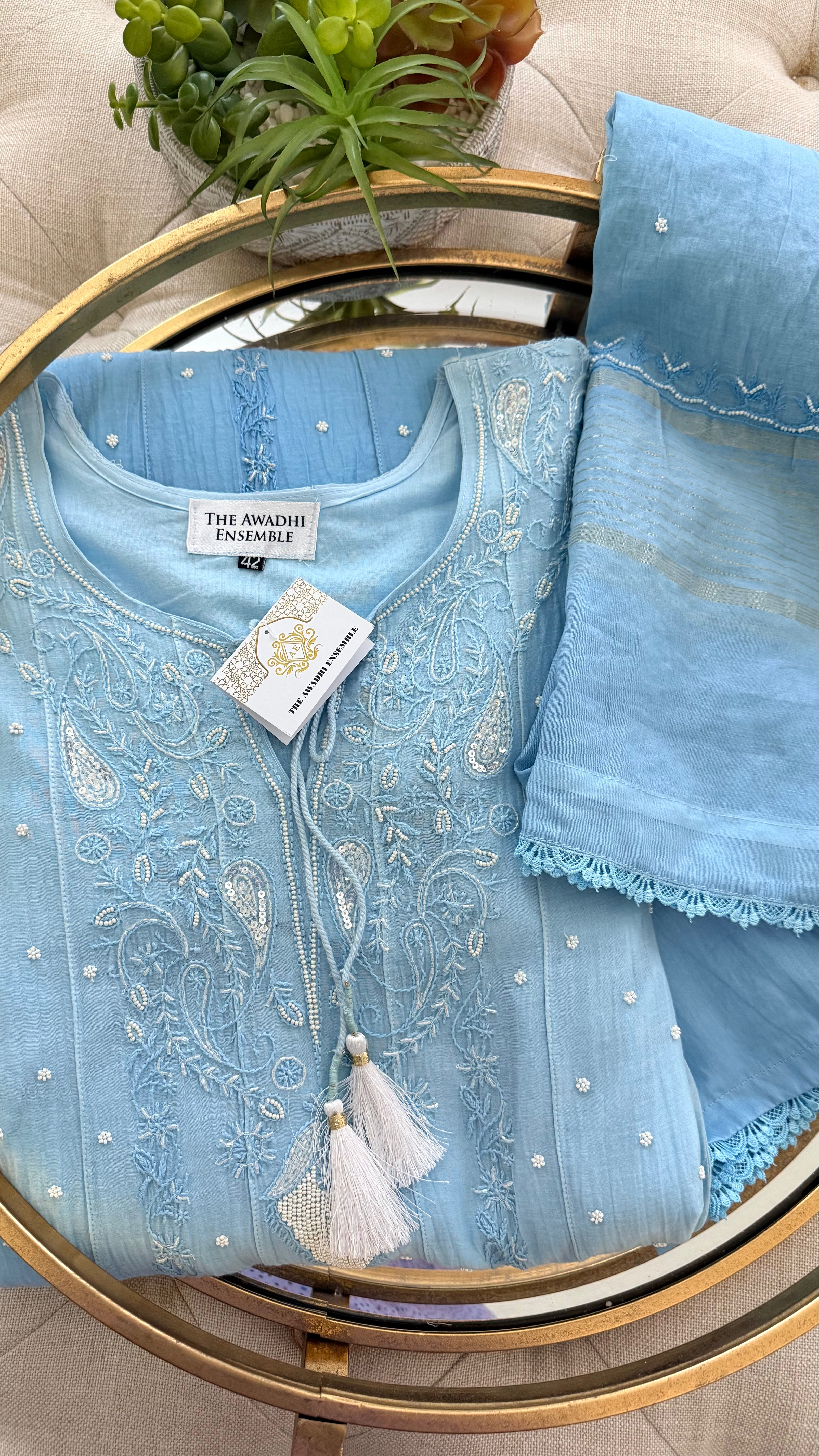 Mul Chanderi Chikankari Anarkali in Powder Blue