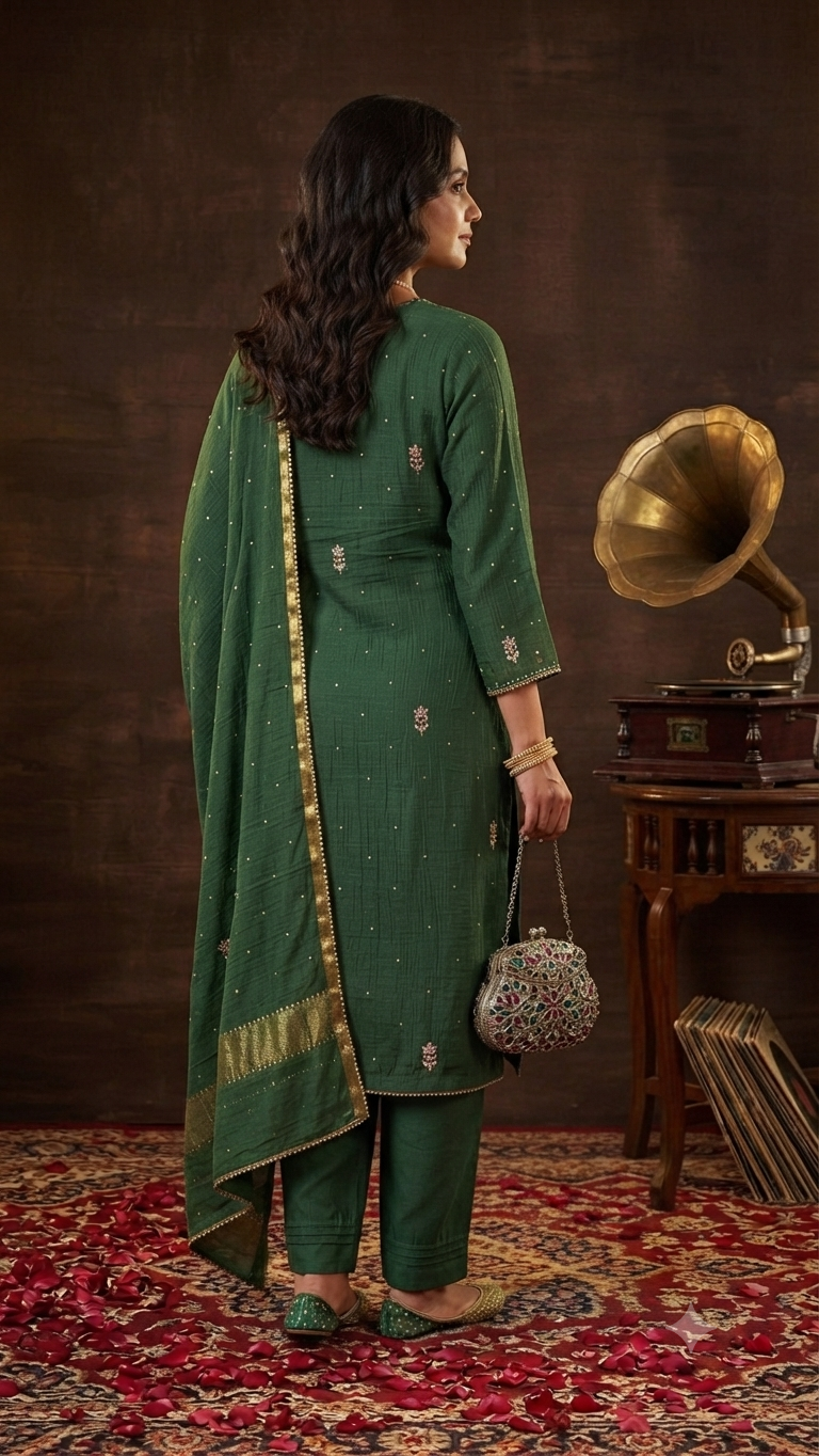 Mul Chanderi Ready to Wear Set with Pitta, Kasab, Pearl & Cutdana work in Forest Green
