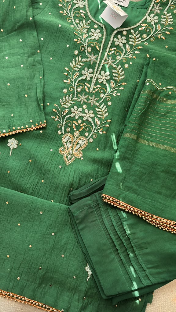 Mul Chanderi Ready to Wear Set with Pitta, Kasab, Pearl & Cutdana work in Forest Green