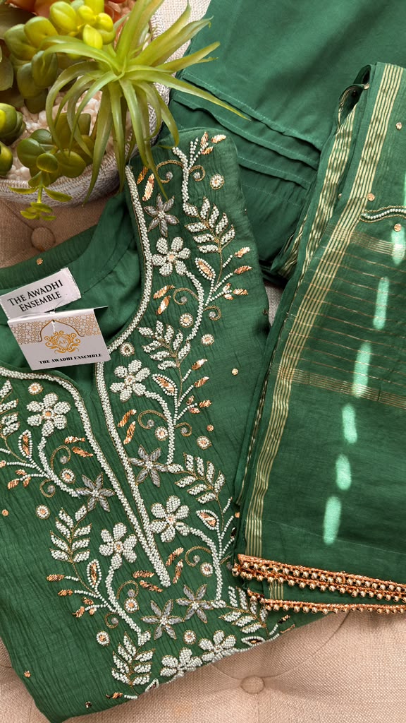 Mul Chanderi Ready to Wear Set with Pitta, Kasab, Pearl & Cutdana work in Forest Green