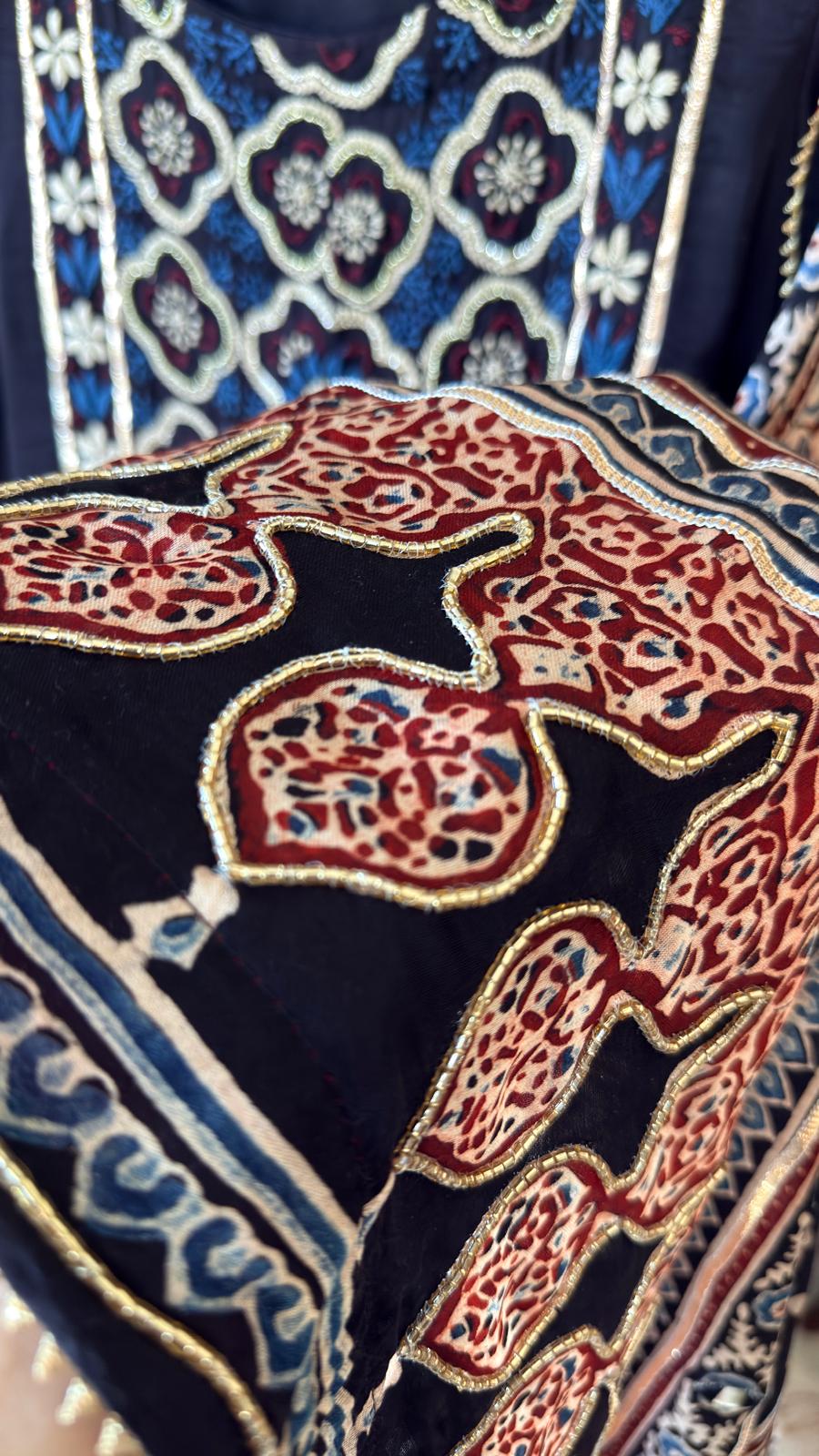 Black Ajrakh & Chikankari Suit Set – A Celebration of Two Timeless Indian Crafts