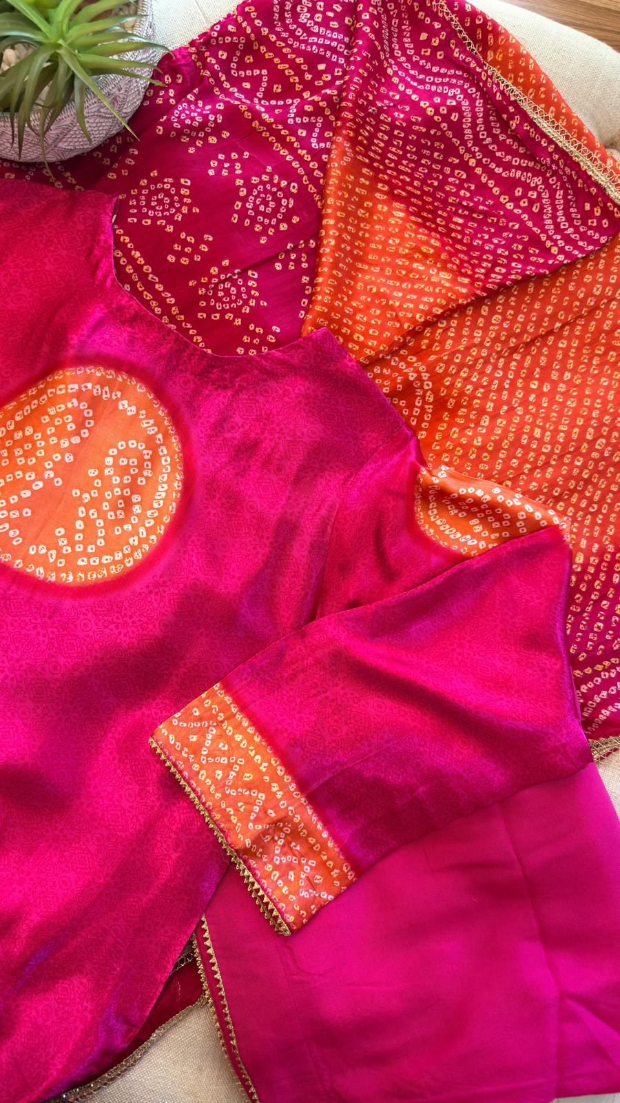 Gajji Silk Bandhani Print Ready to Wear Set- Majenta