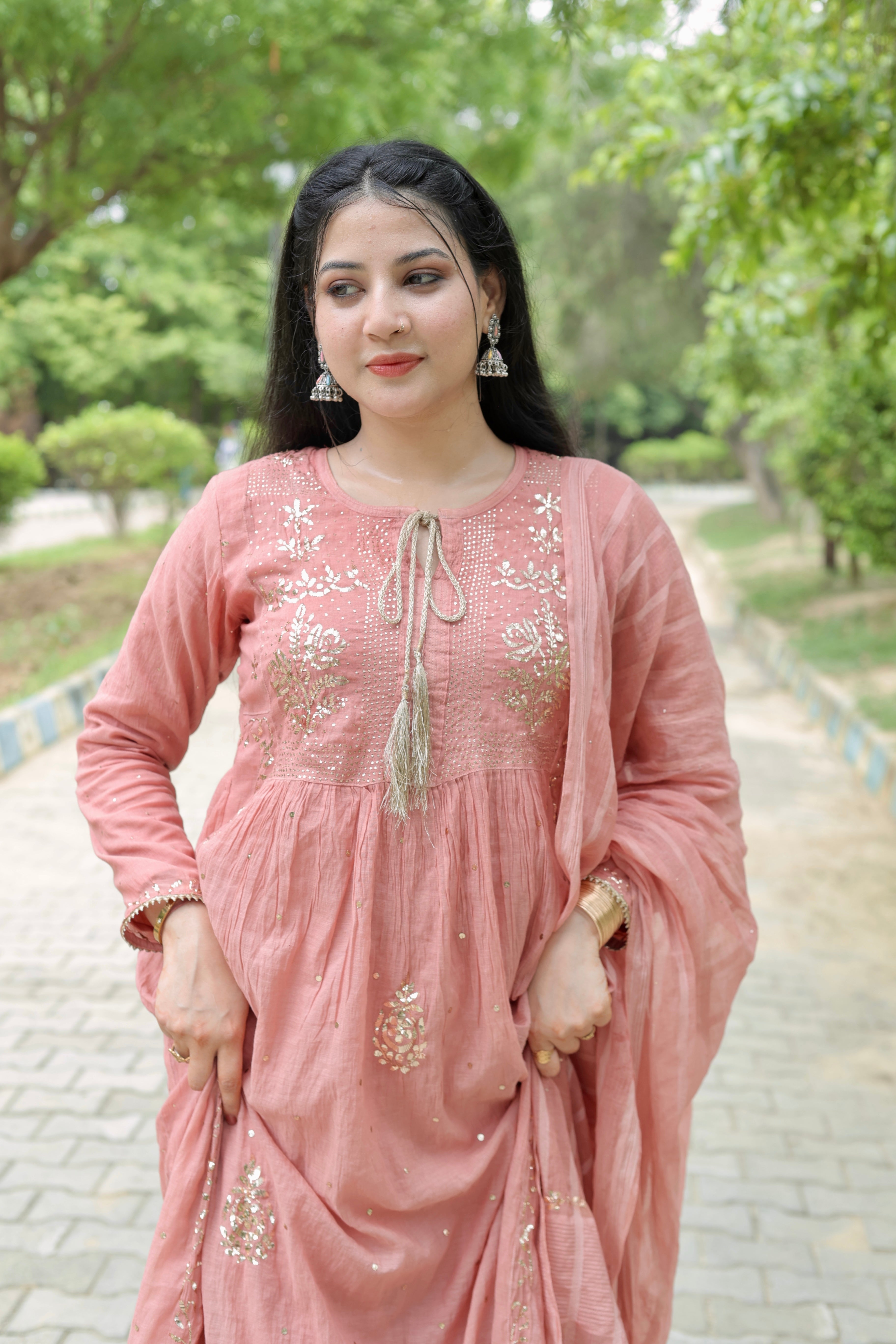 Mul Chanderi Kurta Set with Pitta Work: Antique Rose Pink
