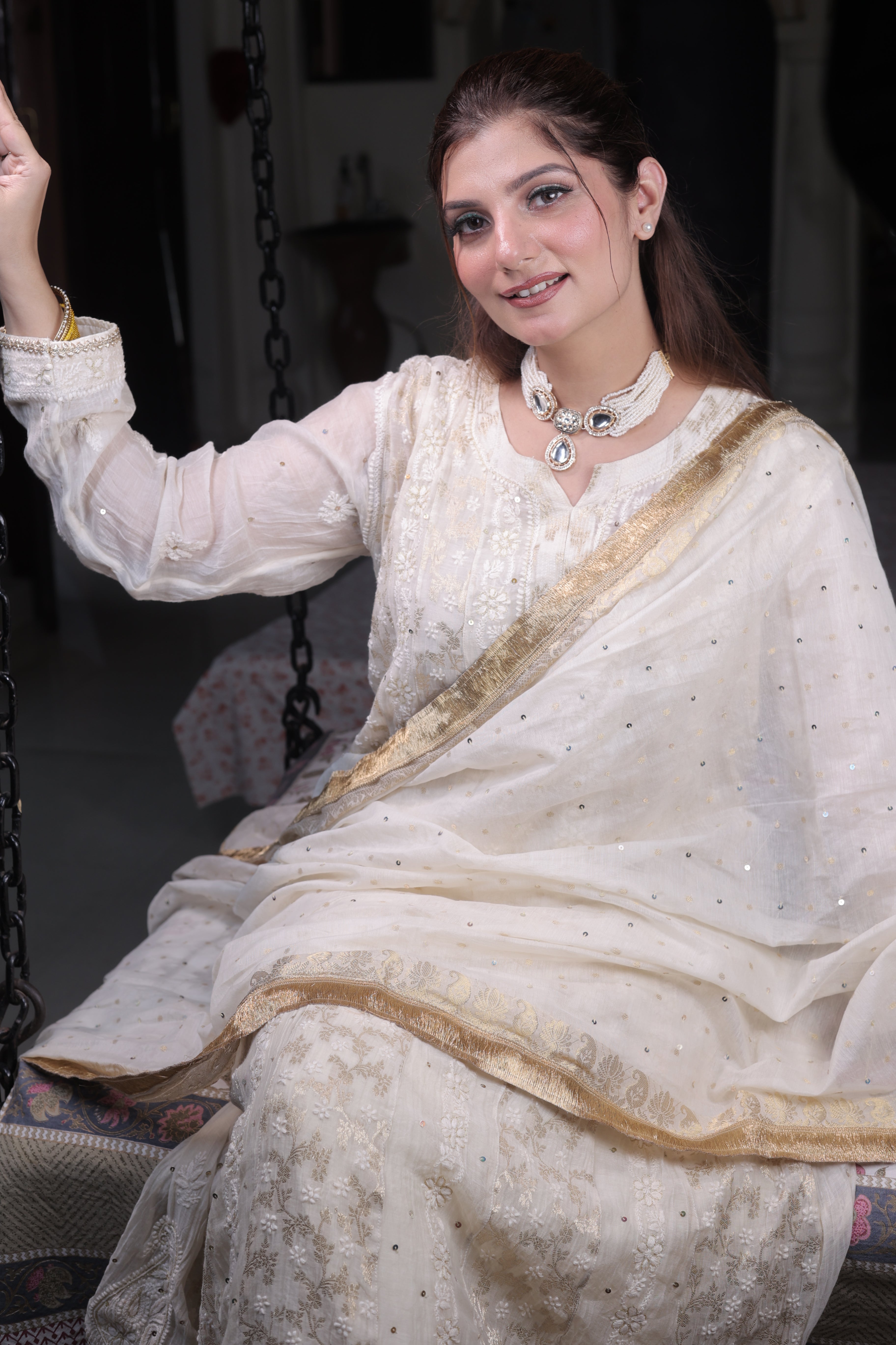 Mul Chanderi Banarasi Anarkali: Ivory