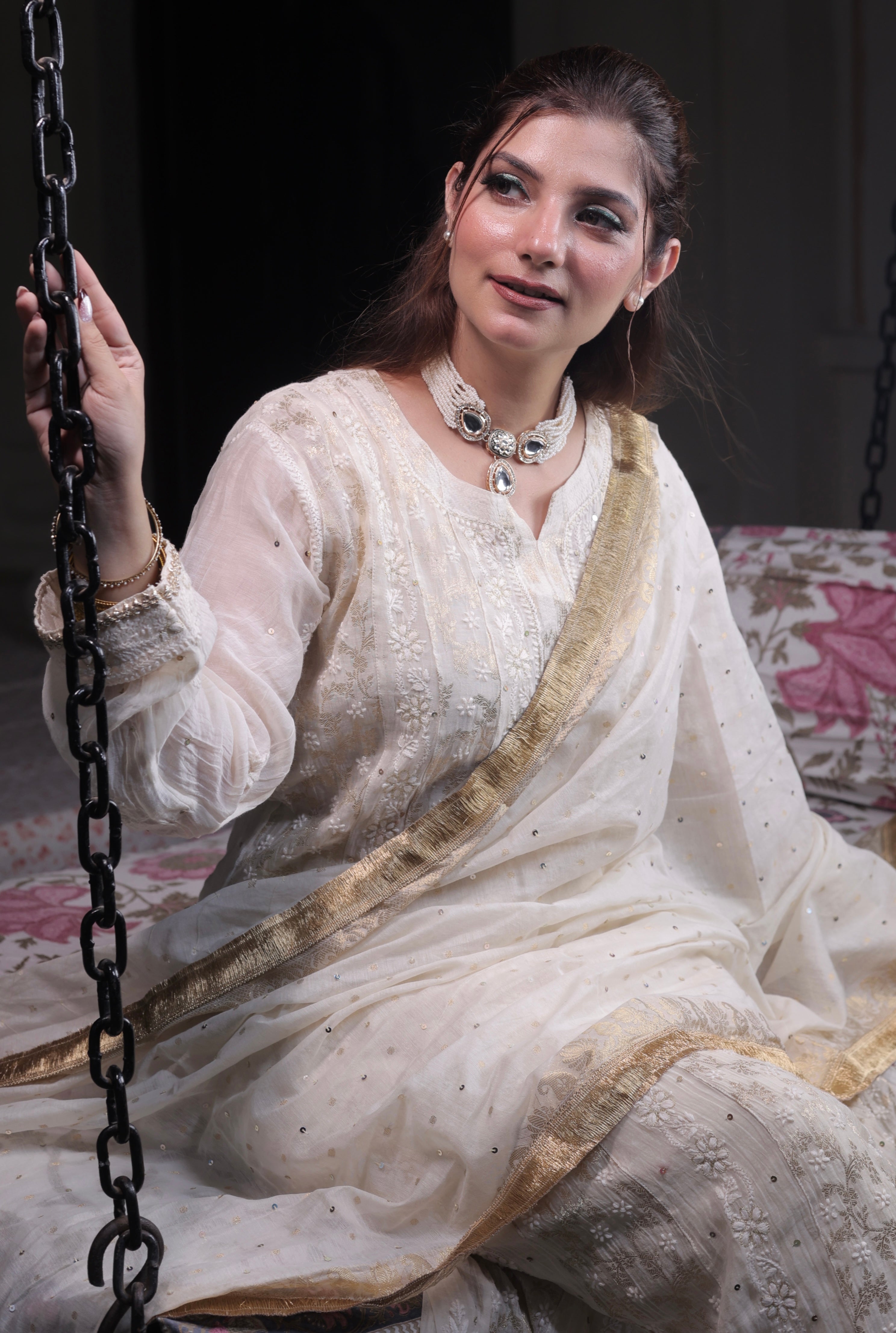 Mul Chanderi Banarasi Anarkali: Ivory