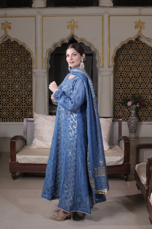 Mul Chanderi Banarasi Anarkali: Royal Blue