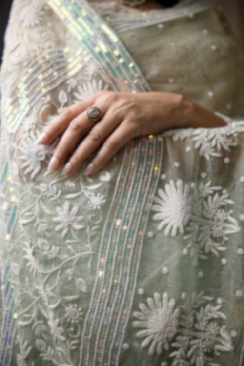 Pure Organza Saree with Chikankari: Pista Green