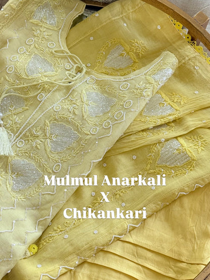 Mul mul Chikankari Anarkali in Sunshine Yellow