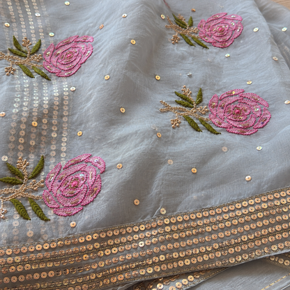 Pure Organza Chikankari Saree in a Bluish Grey