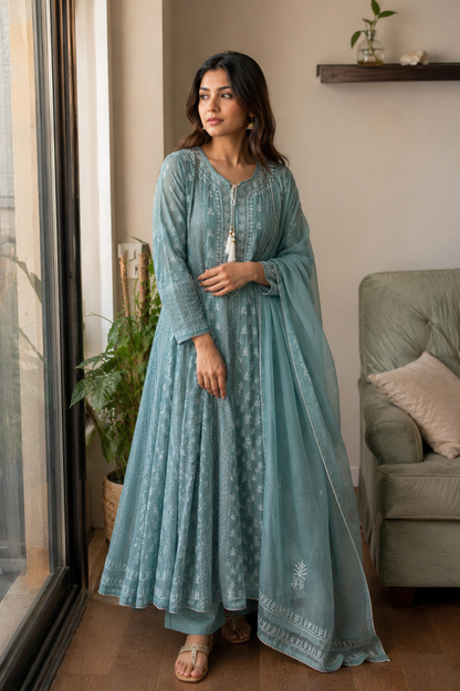 Teal Heavy Mulmul Anarkali Suit Set with Kasab & Chikankari Embroidery