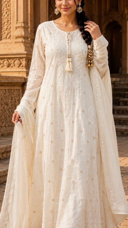 Mul Chanderi Chikankari Anarkali with Banarasi bootis, pearl & cutdana embellishments- Ivory