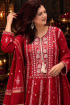 Mul Chanderi Chikankari Anarkali with Banarasi bootis, pearl & cutdana embellishments- Deep Maroon