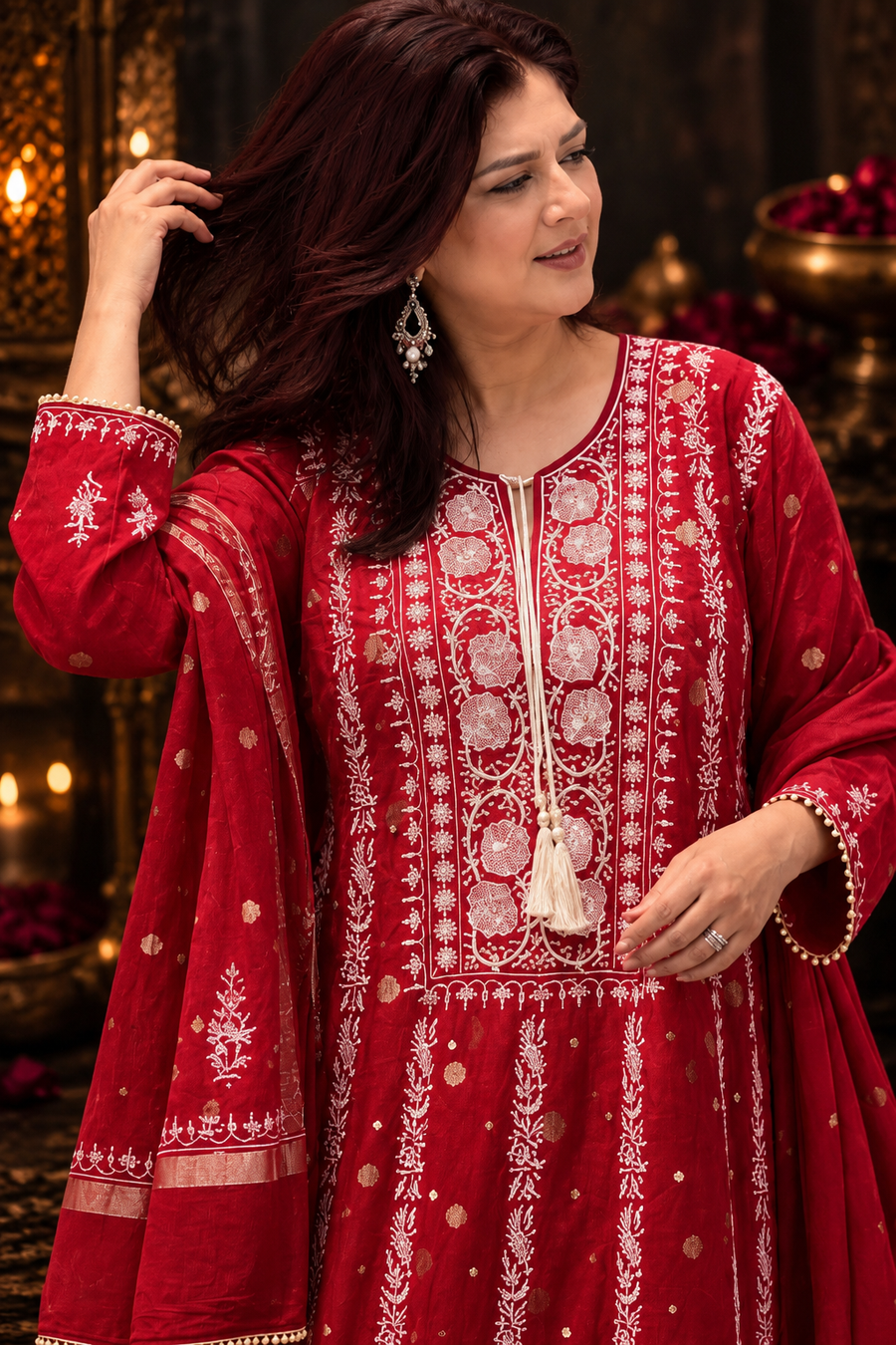 Mul Chanderi Chikankari Anarkali with Banarasi bootis, pearl & cutdana embellishments- Deep Maroon
