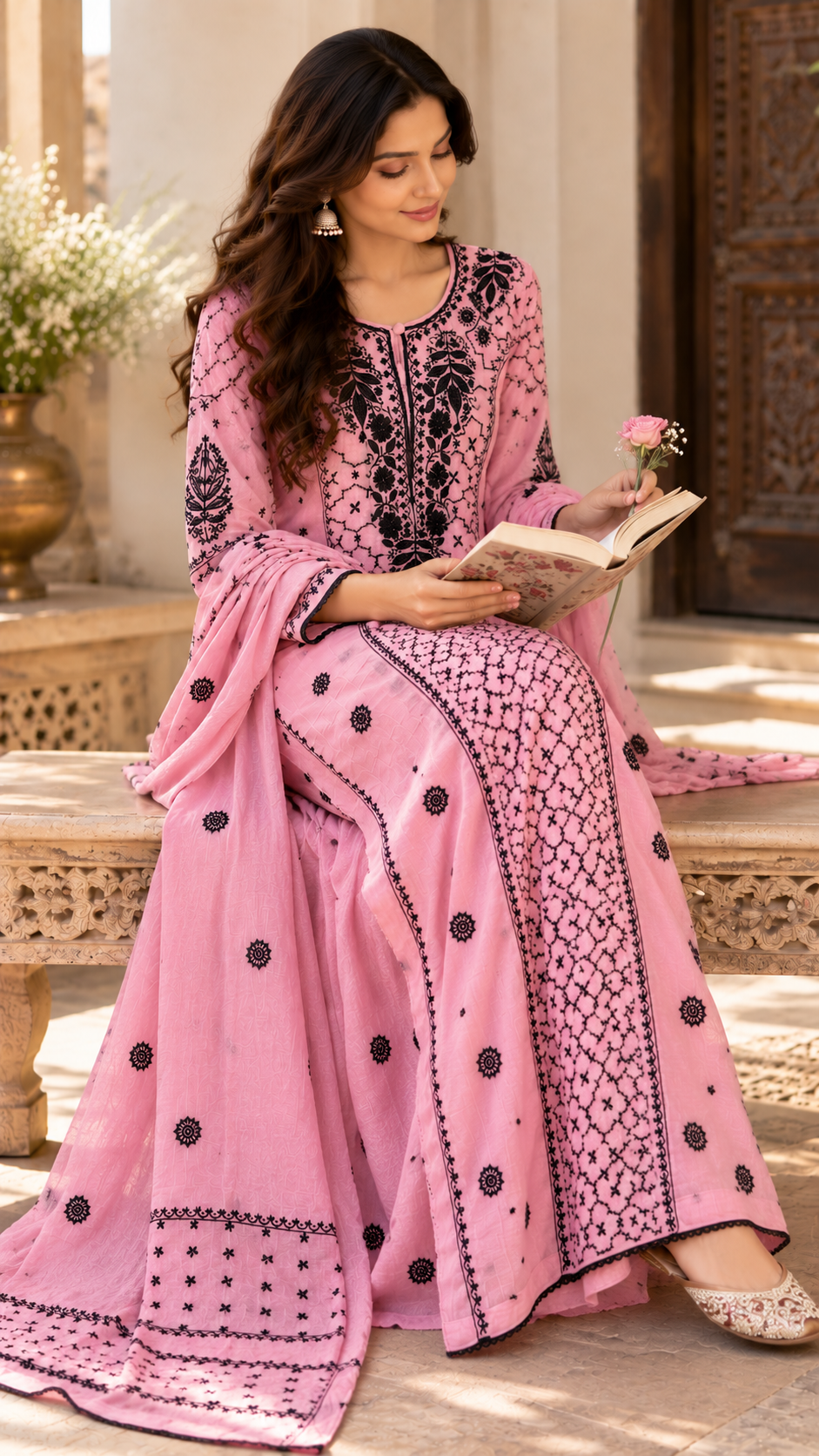 Onion Pink Mul Chanderi Chikankari Anarkali