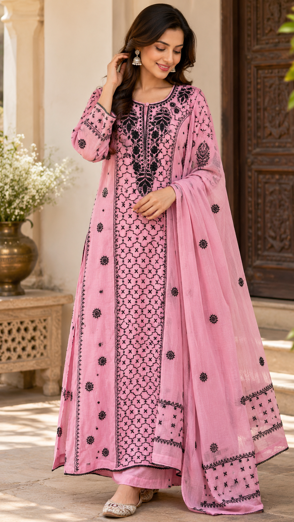 Onion Pink Mul Chanderi Chikankari Anarkali