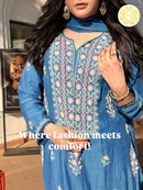 Mul Chanderi ready to wear suit sei- Cobalt blue/Pink/Brown