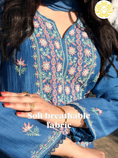 Mul Chanderi ready to wear suit sei- Cobalt blue/Pink/Brown