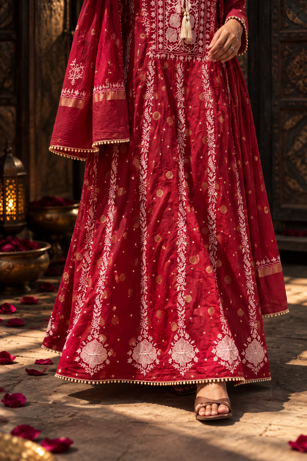 Mul Chanderi Chikankari Anarkali with Banarasi bootis, pearl & cutdana embellishments- Deep Maroon