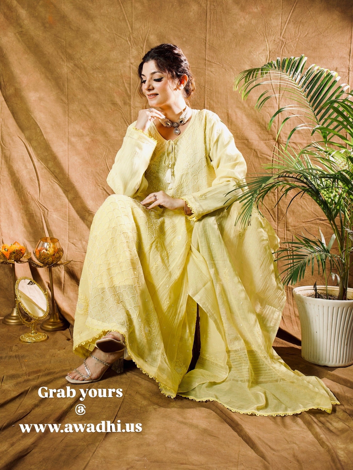 Mul mul Chikankari Anarkali in Sunshine Yellow