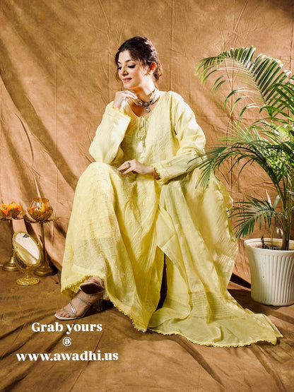 Mul mul Chikankari Anarkali in Sunshine Yellow