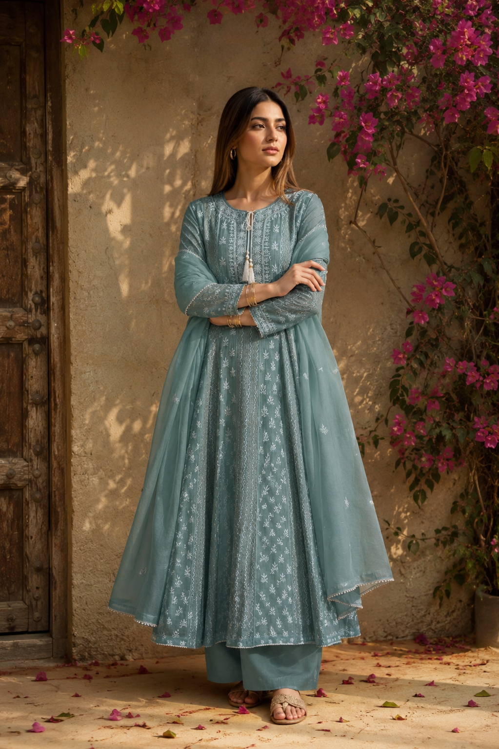 Teal Heavy Mulmul Anarkali Suit Set with Kasab & Chikankari Embroidery