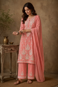 Chanderi cotton Pink 3 piece Chikankari set