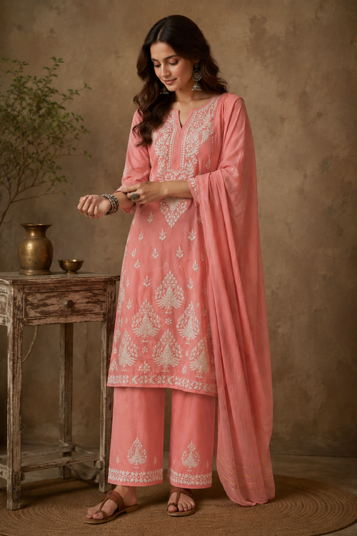 Chanderi cotton Pink 3 piece Chikankari set