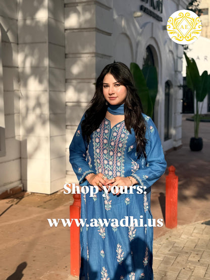 Mul Chanderi ready to wear suit sei- Cobalt blue/Pink/Brown
