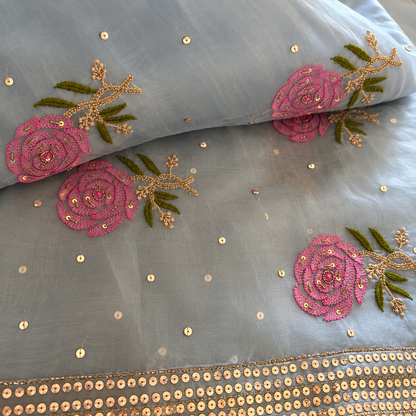 Pure Organza Chikankari Saree in a Bluish Grey