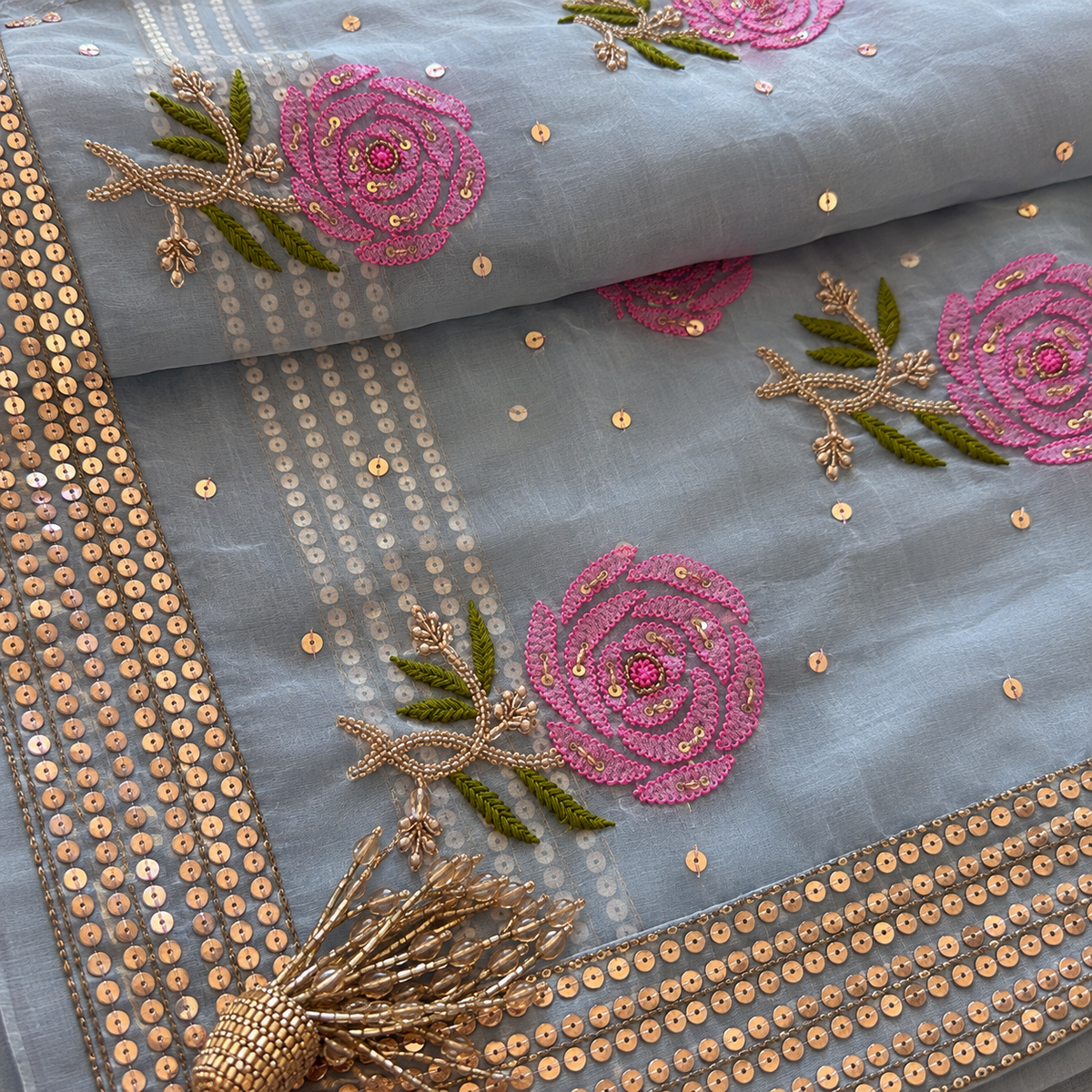 Pure Organza Chikankari Saree in a Bluish Grey