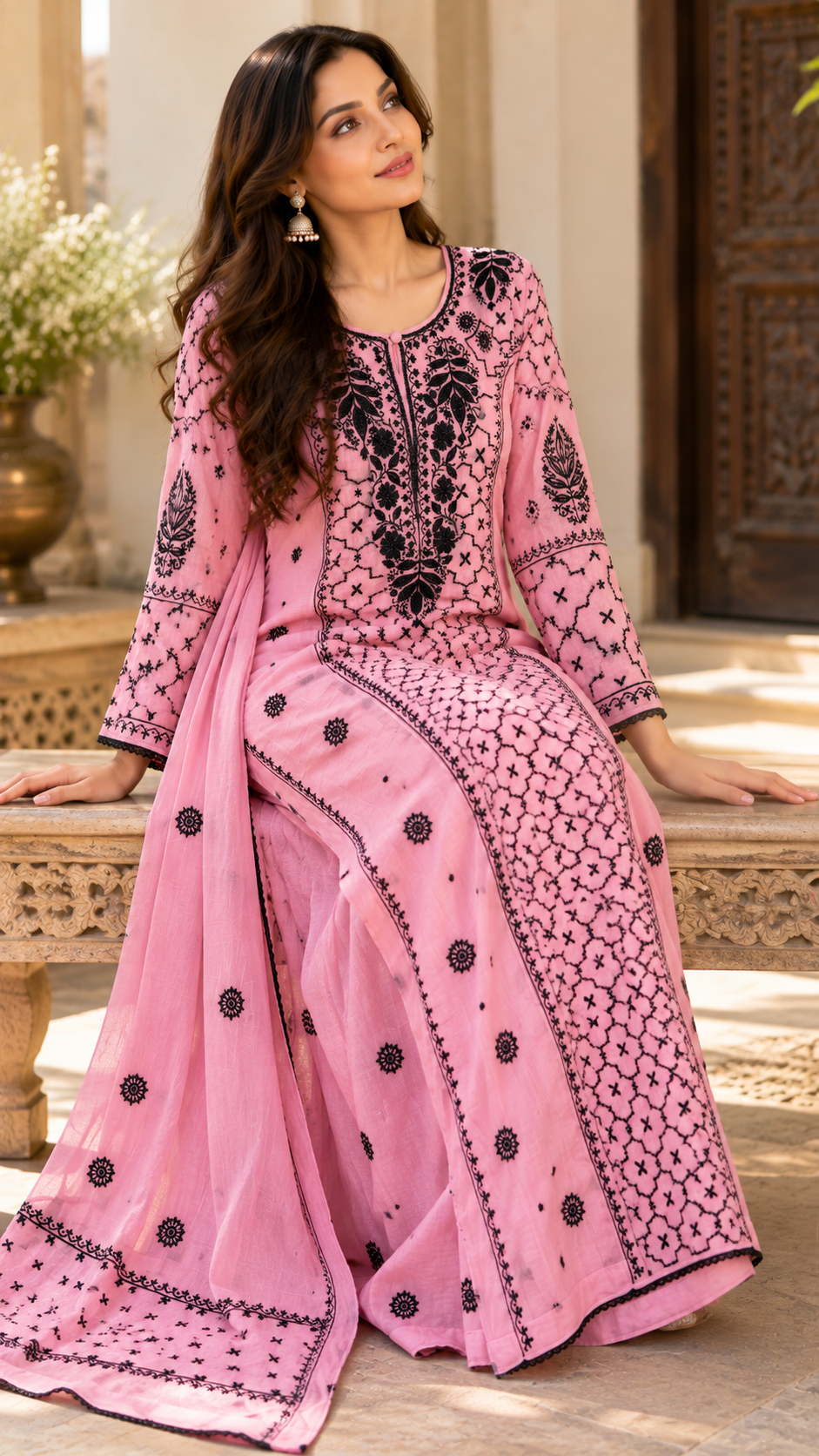 Onion Pink Mul Chanderi Chikankari Anarkali