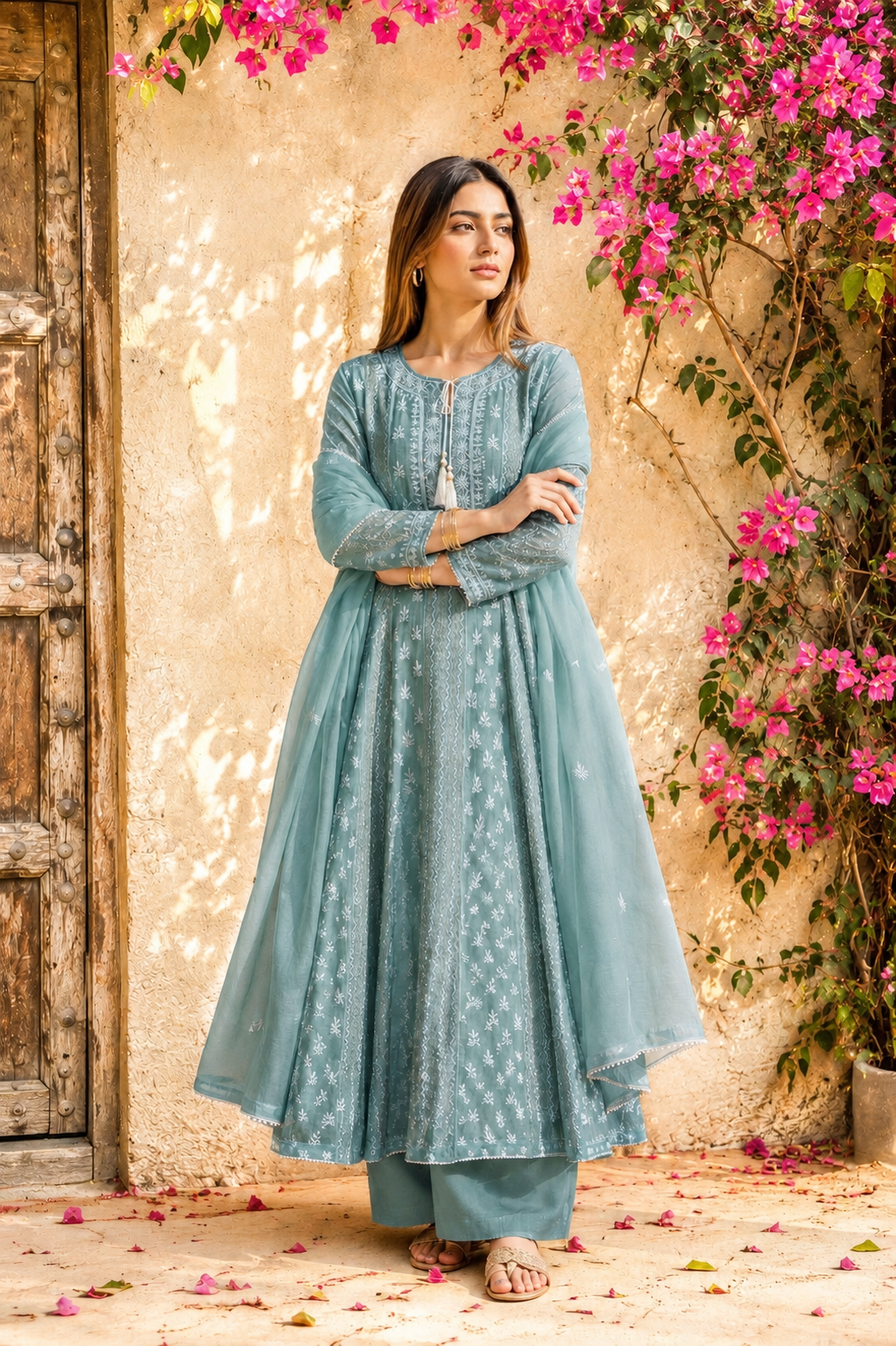 Teal Heavy Mulmul Anarkali Suit Set with Kasab & Chikankari Embroidery
