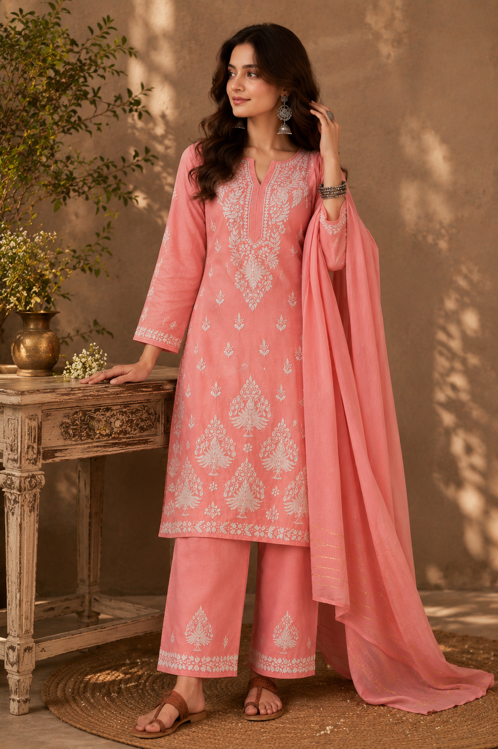 Chanderi cotton Pink 3 piece Chikankari set