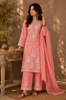 Chanderi cotton Pink 3 piece Chikankari set